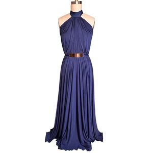 Nicole Bakti Navy Open Back Halter Gown S Slinky Evening Prom Dress